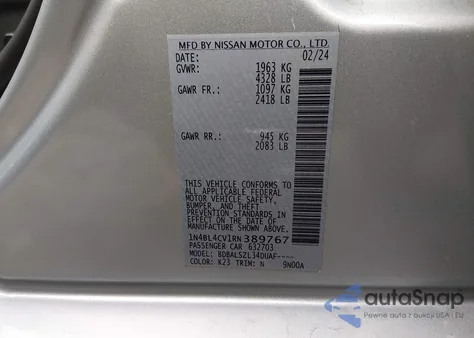 2024 Nissan Altima Sr Fwd from USA, damaged, VIN 1N4BL4CV1RN389767